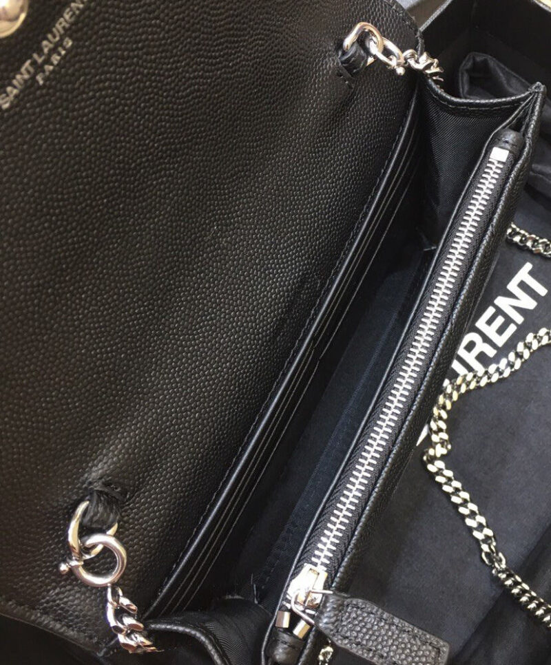 Saint Laurent Envelope Chain Wallet In Grain De Poudre Embossed Leather Black